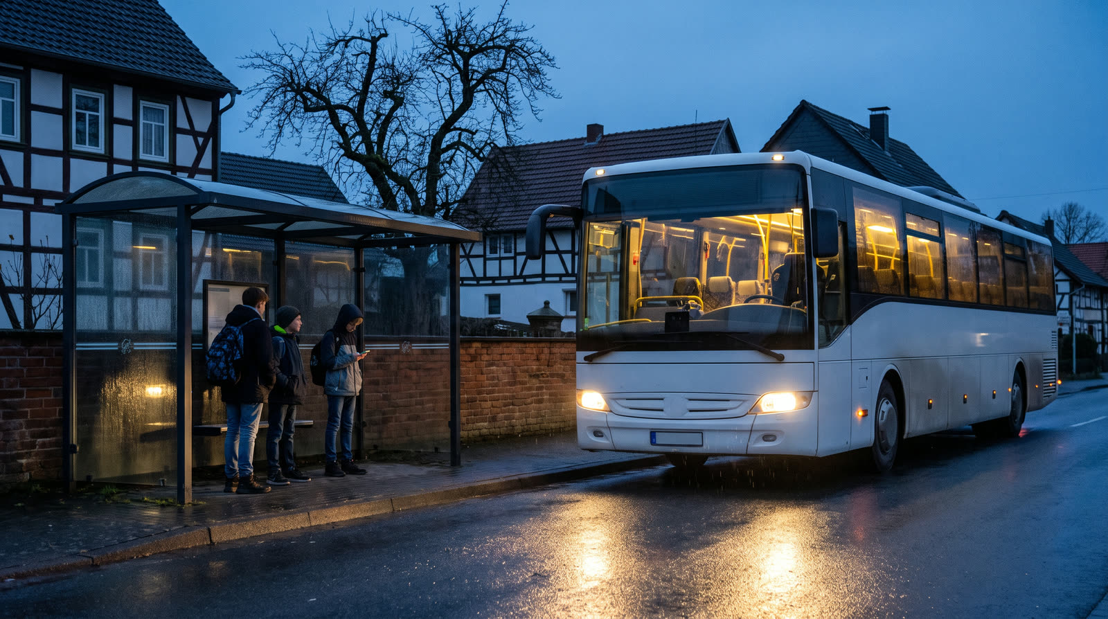 Ein Linienbus fährt in der Dämmerung an einer Bushaltestelle in einem Dorf vor, drei junge Leute mit Rucksäcken warten im Wartehäuschen.